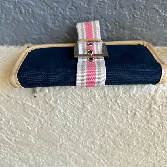 Adorable Navy Vachetta Trim Buckle Wallet Clutch With Pink White Striped Design - Picture 7 of 11